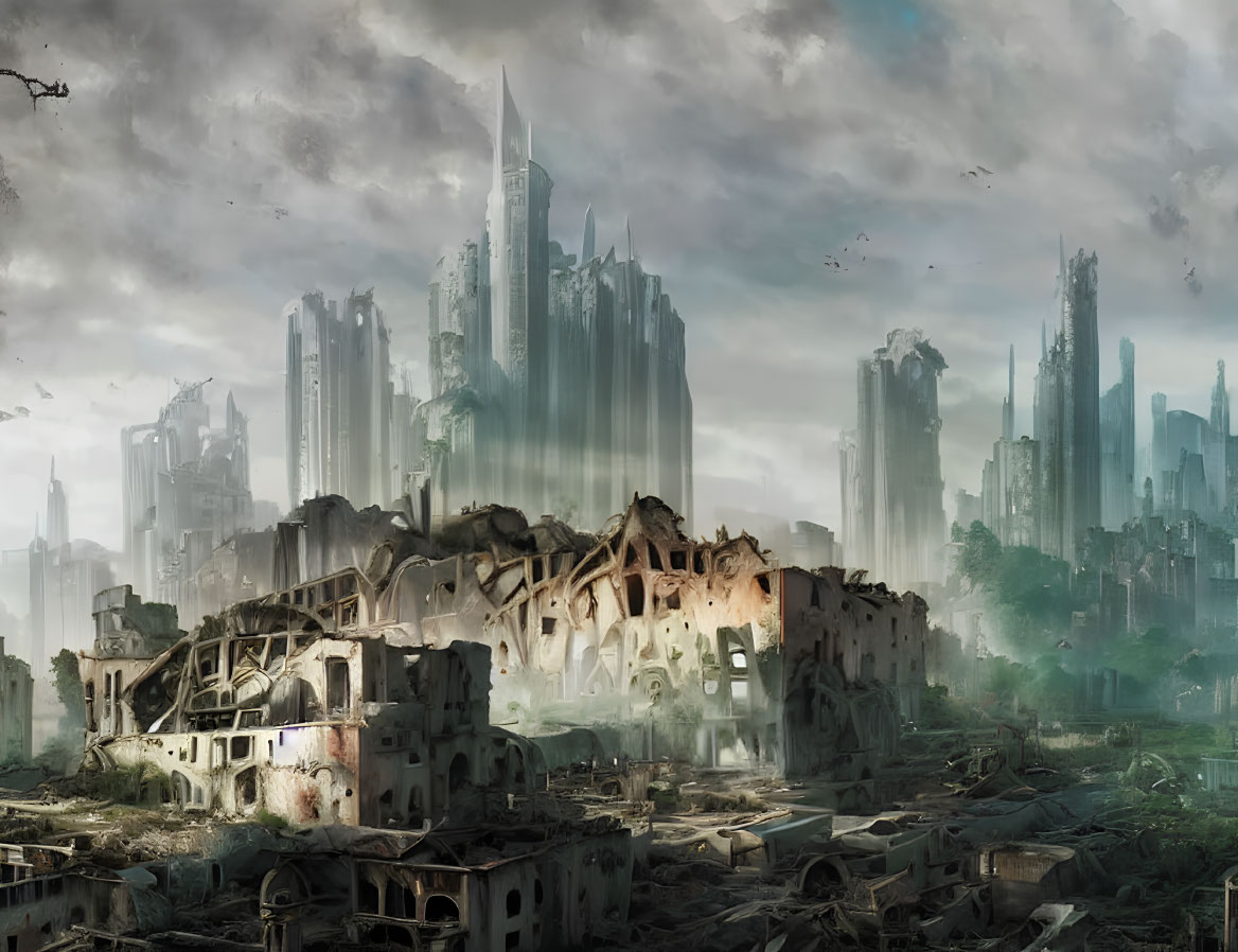 Dystopian cityscape with decrepit and damaged buildings against misty sky