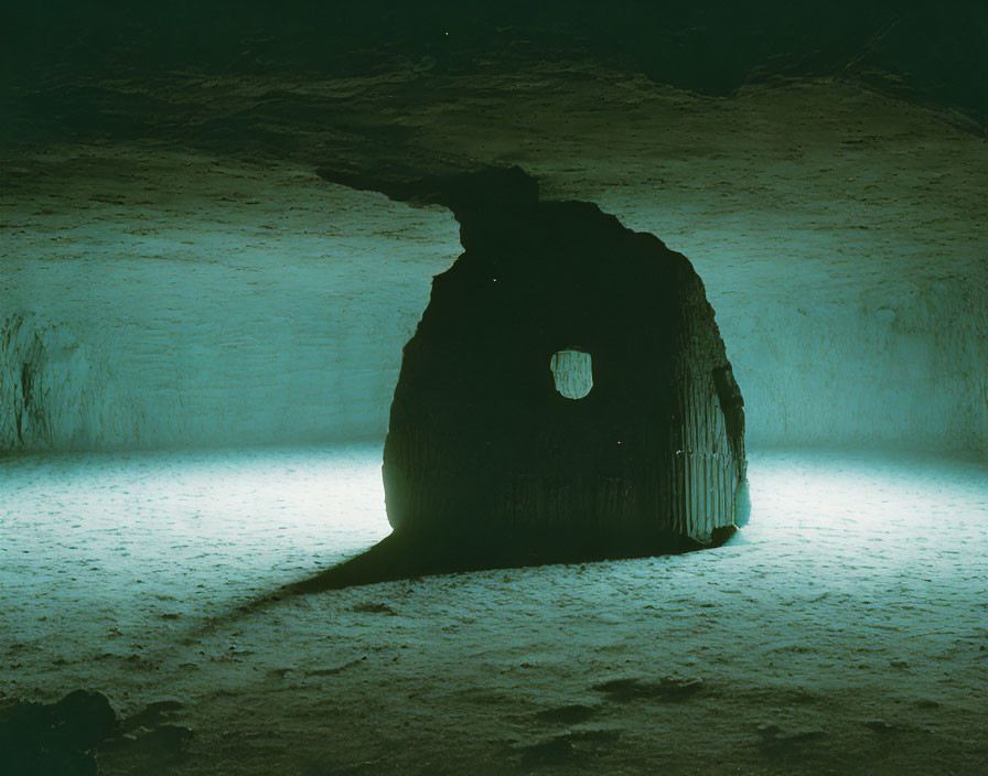 Spacious dark cavern with illuminated hut casting shadow