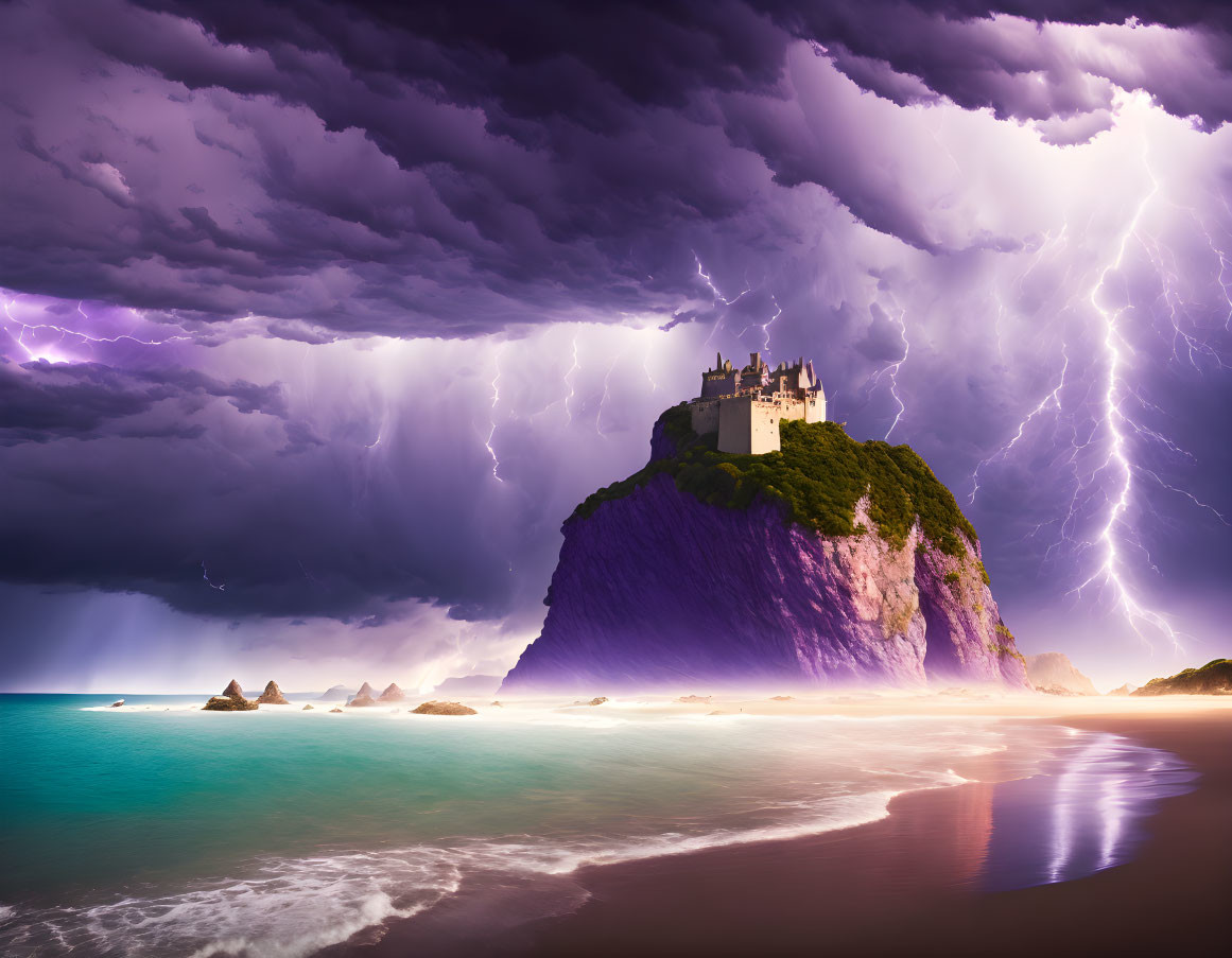 Castle with purple thunderstorms