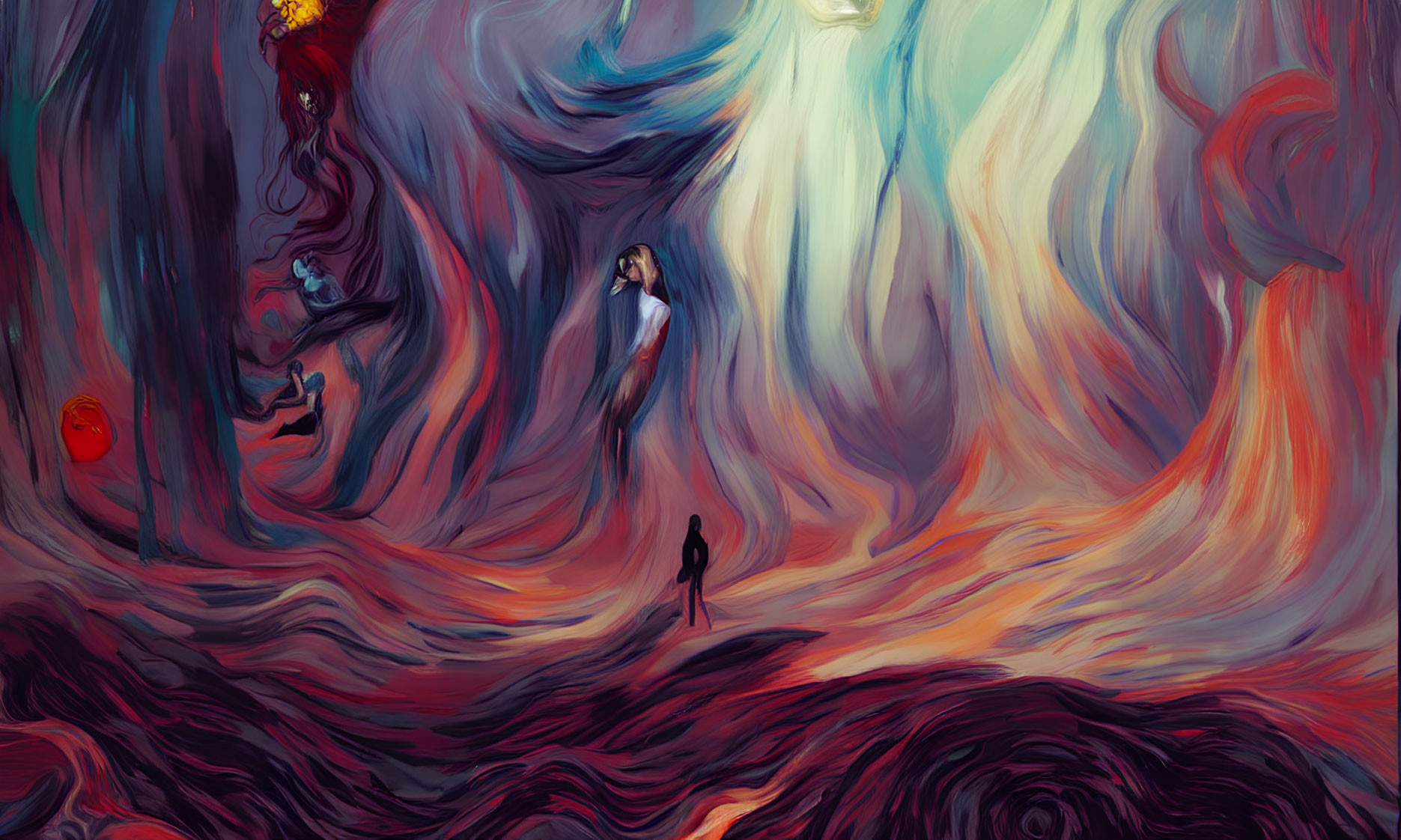 Surreal painting with swirling red and blue hues and human figure facing abstract face