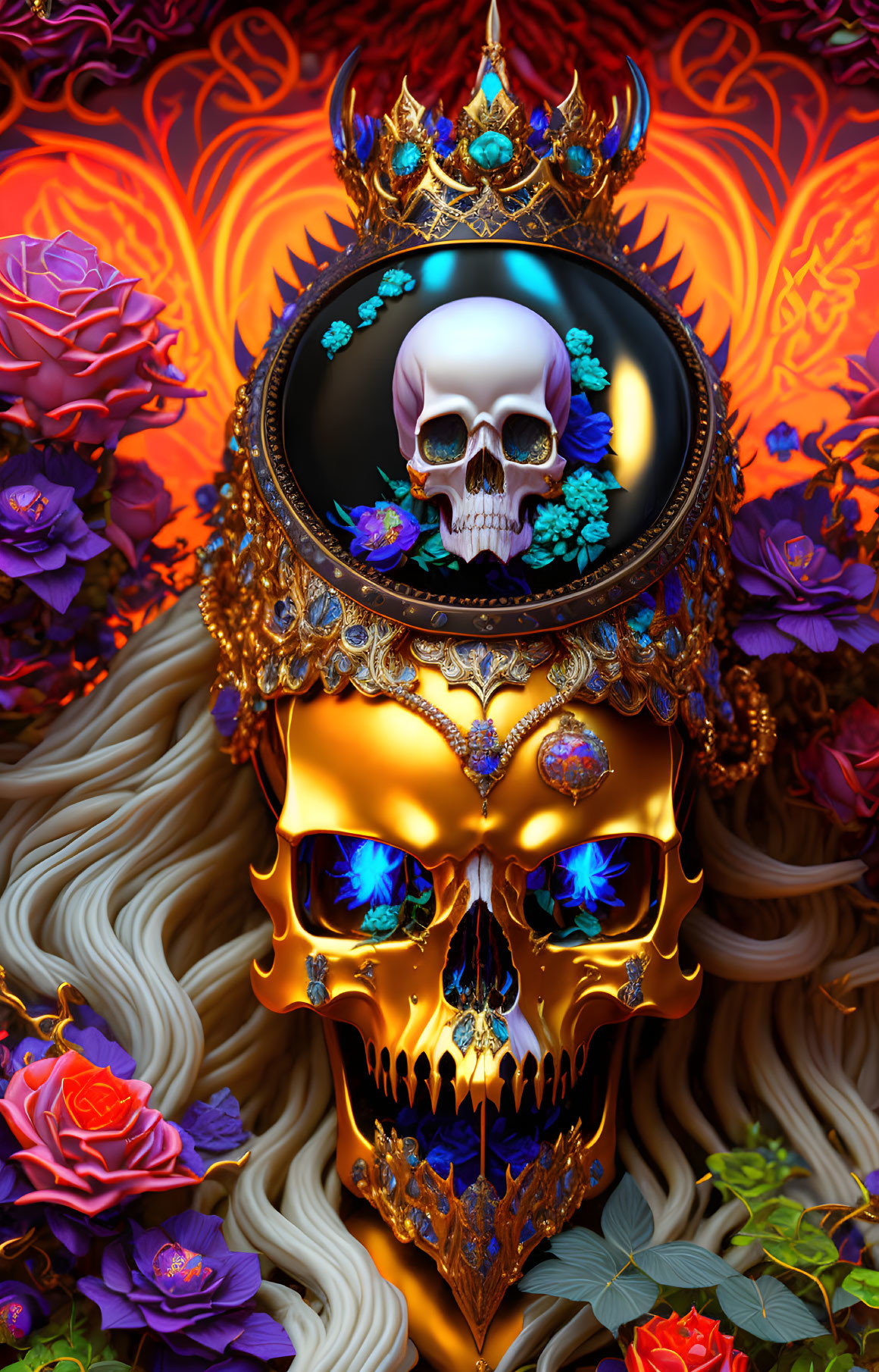 Vibrant digital art: golden ornate skull with jewels, surrounded by flowers, flames, and