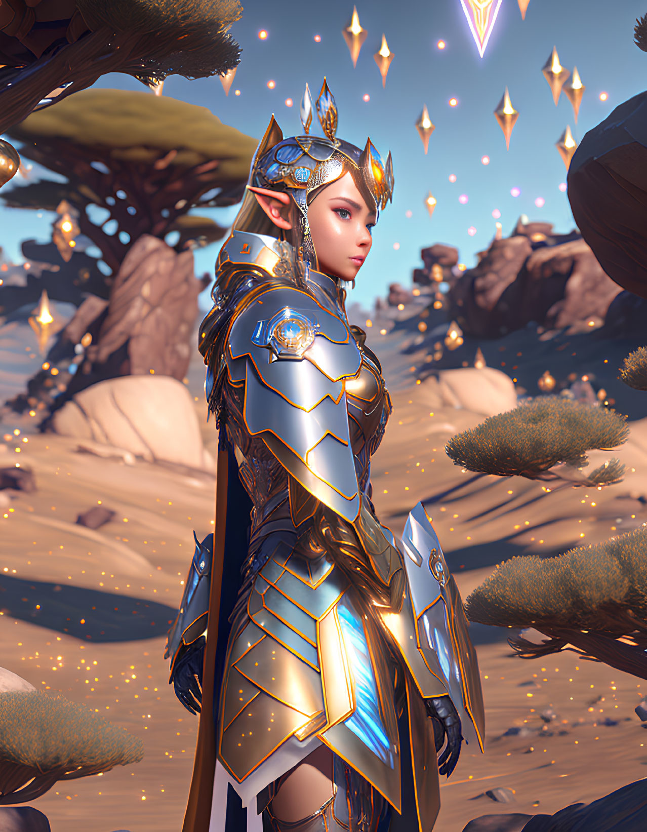 Golden-armored warrior in desert with crystals and vegetation.