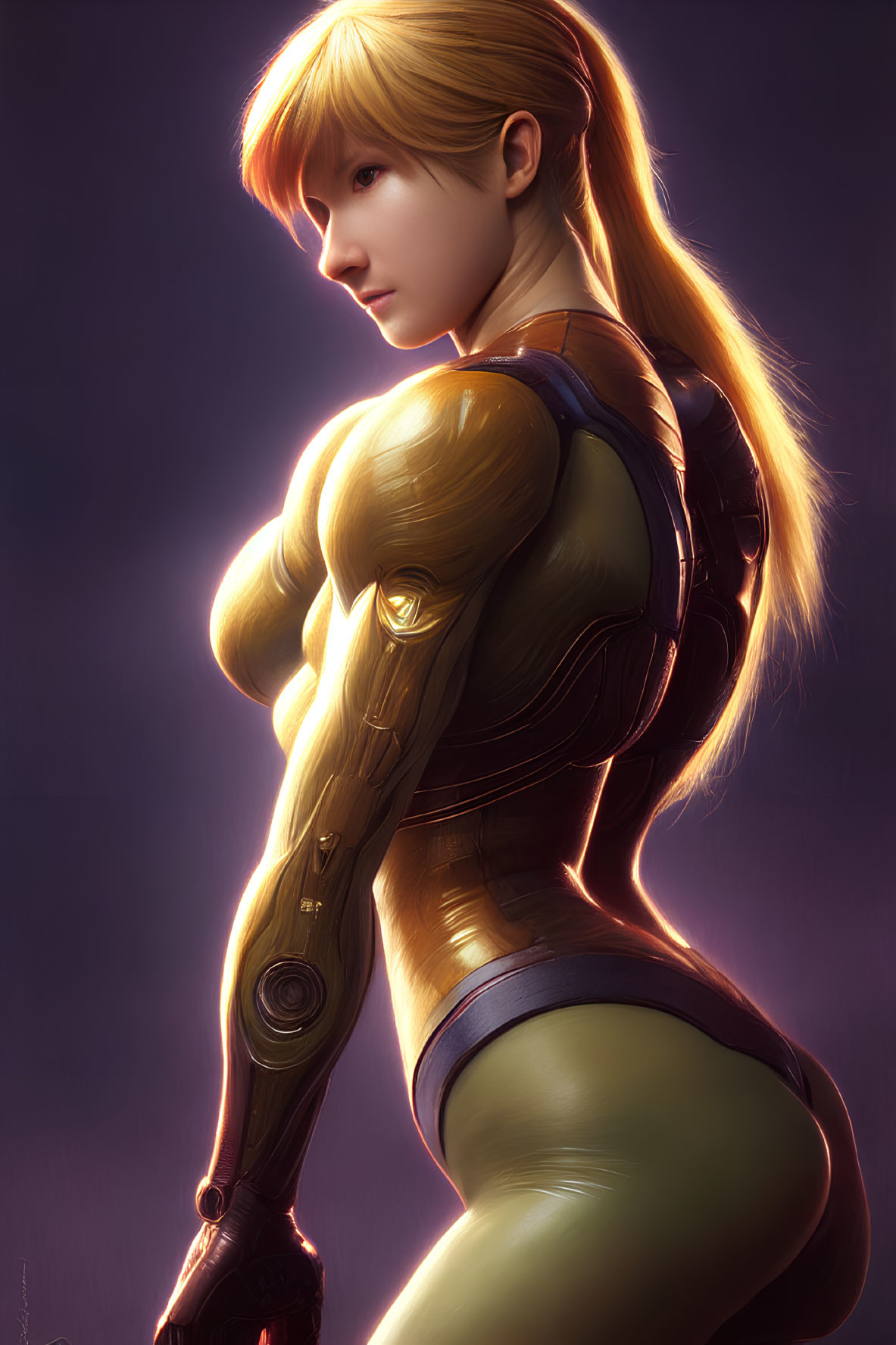 Blond-Haired Female Character in Futuristic Suit on Purple Background