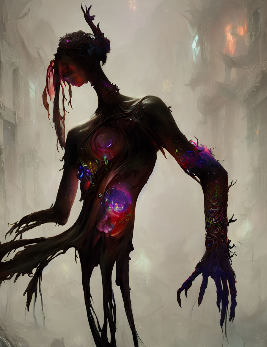 Ethereal fantasy creature with glowing orbs in dark cityscape