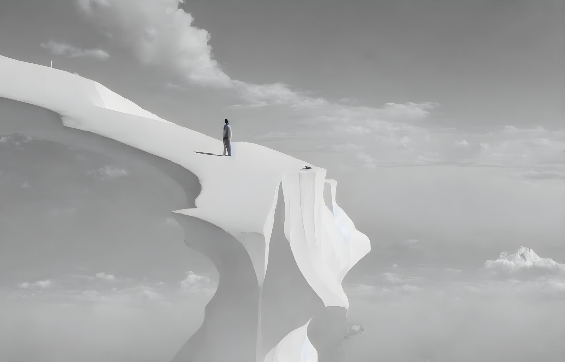 Person standing on surreal white structure under cloudy sky