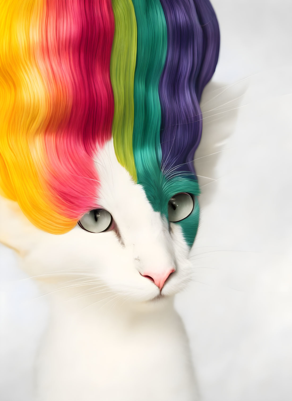 White Cat with Green Eyes and Rainbow Mane Portrait