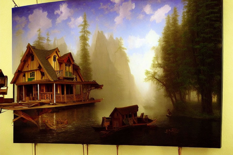 Tranquil riverbank scene with wooden house, boat, and misty forest cliffs