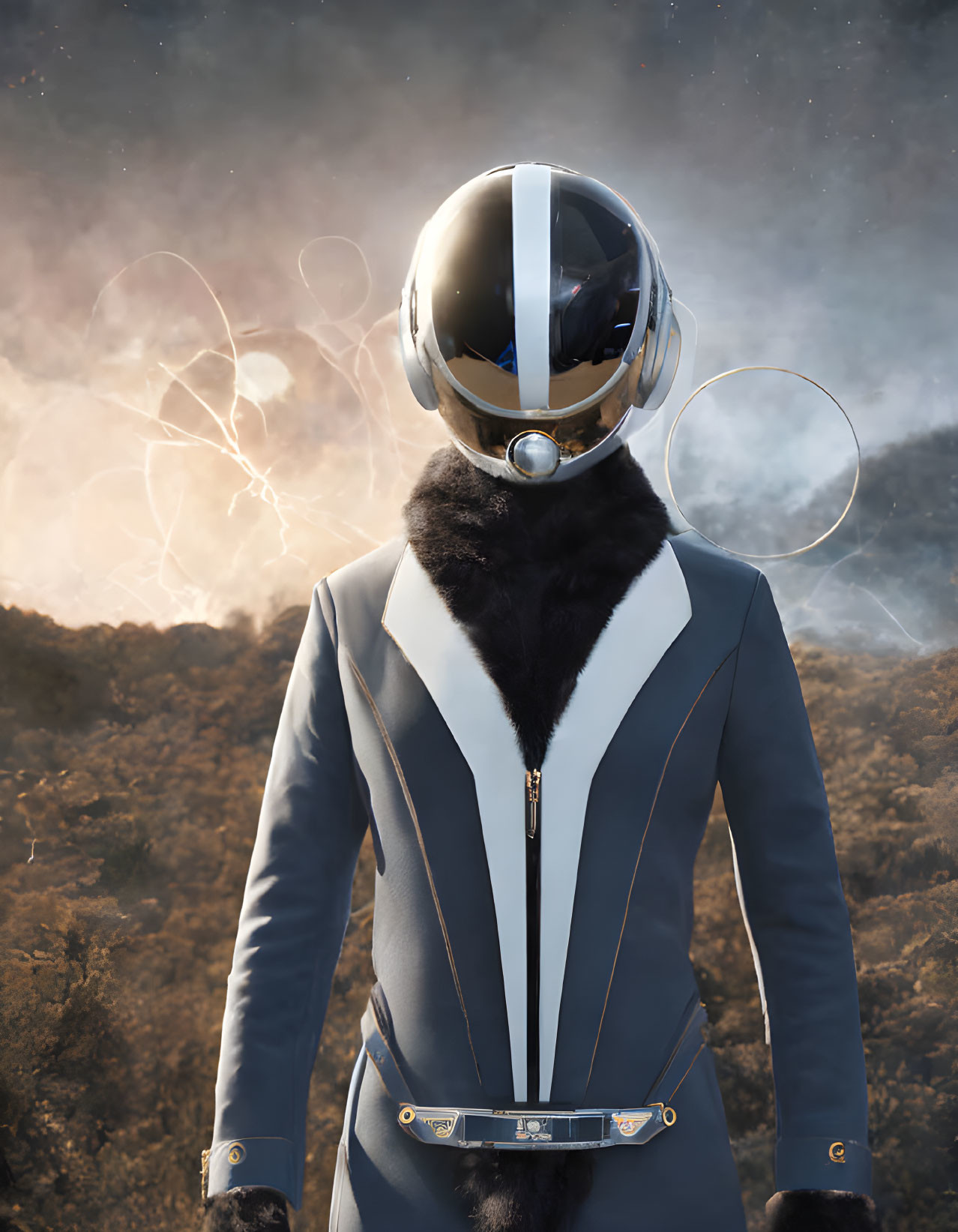 Futuristic spacesuit with reflective helmet against dramatic skies and fiery landscape
