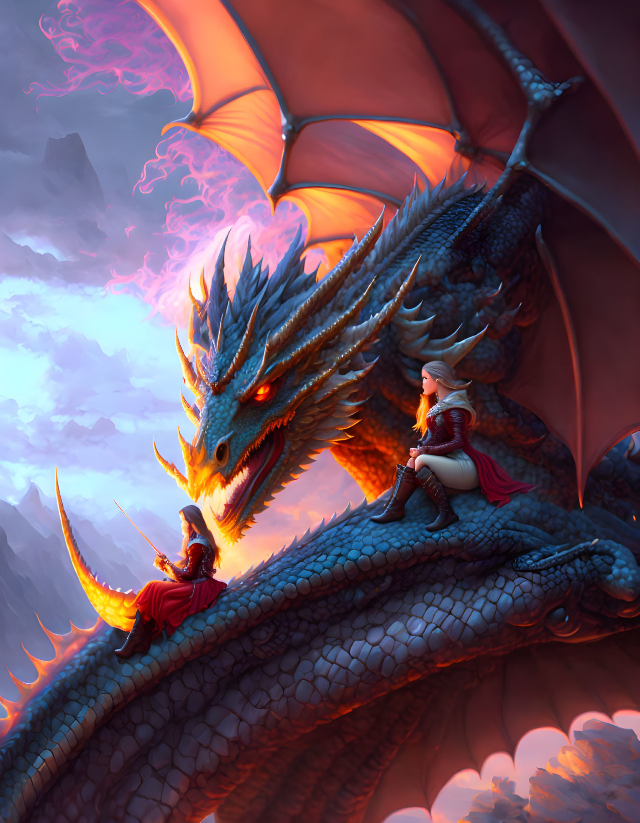 Blue dragon with woman in red on its back in crimson clouds and rocky terrain