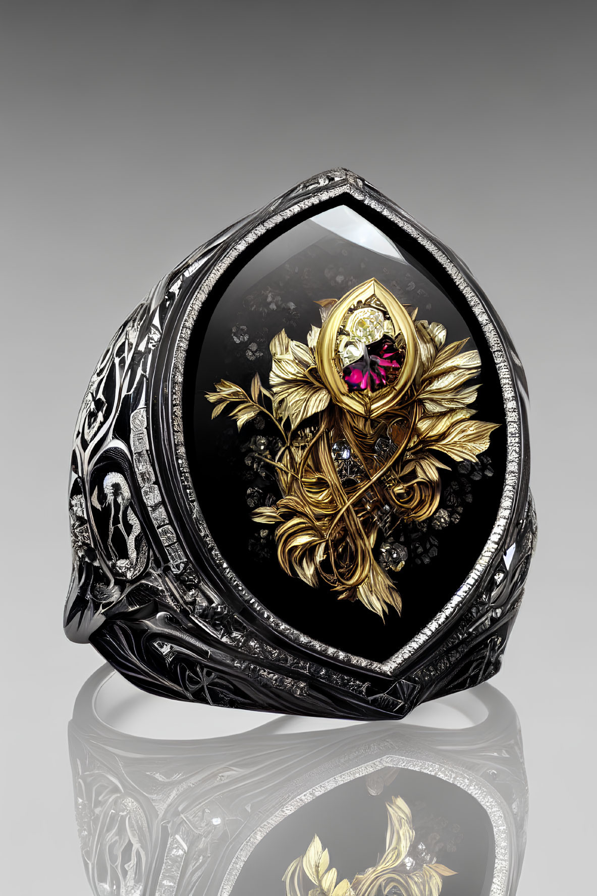 Intricate Black and Gold Ring with Pink Gemstone and Floral Designs
