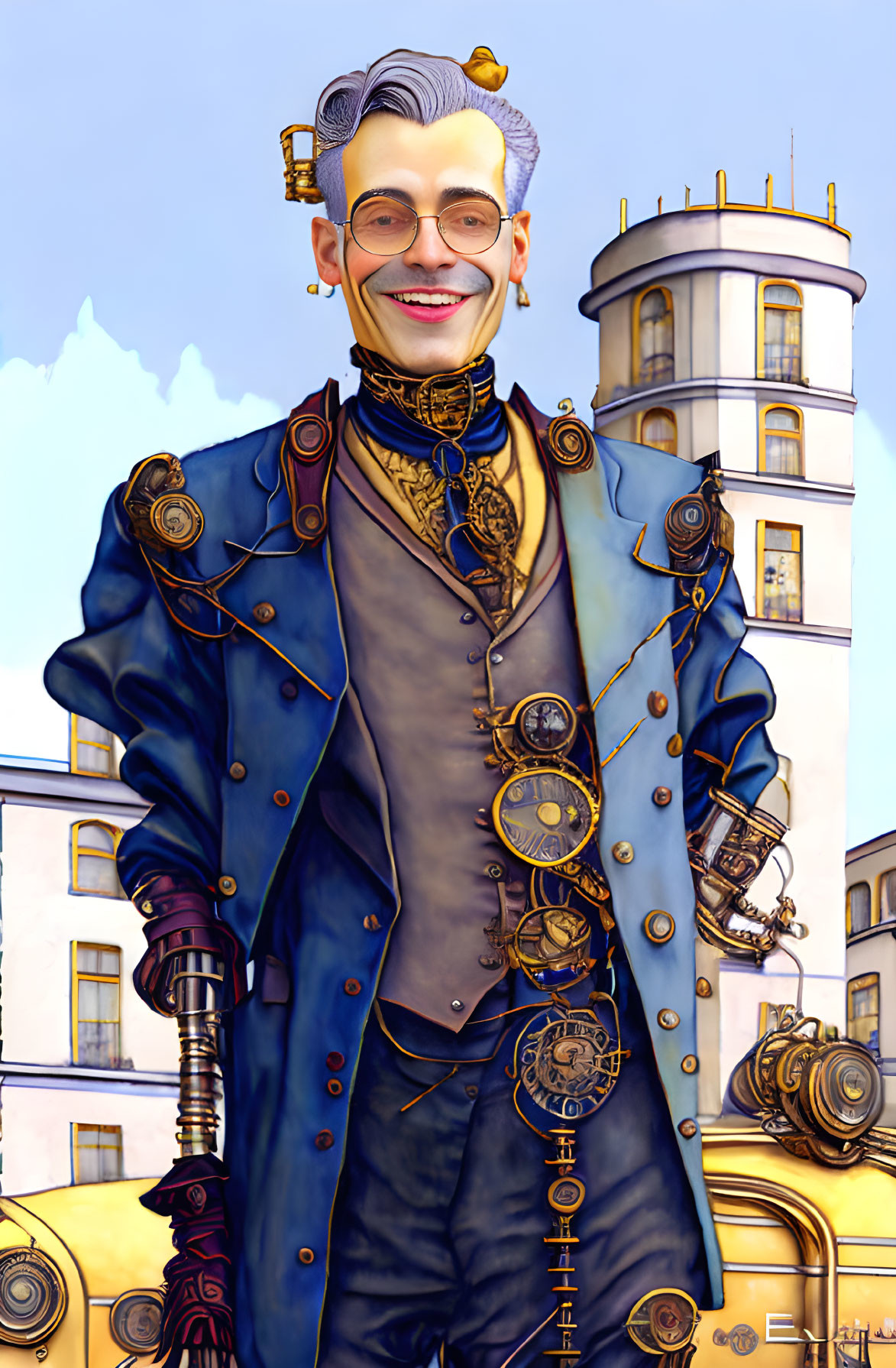 Steampunk-themed illustration of a man in intricate outfit with mechanical details.