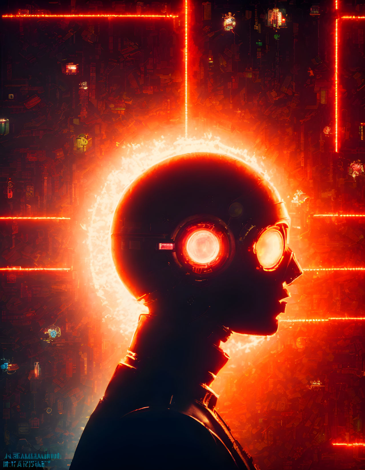 Silhouette of Person with Glowing Goggles in Cyberpunk Neon Scene