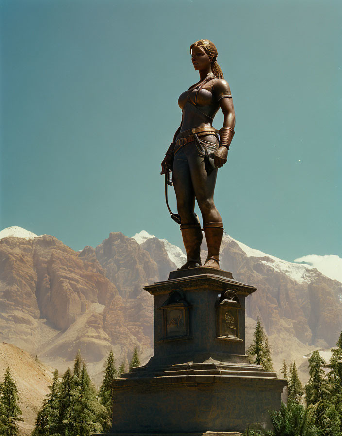 Heroic Figure Statue on Stone Plinth with Mountain Background