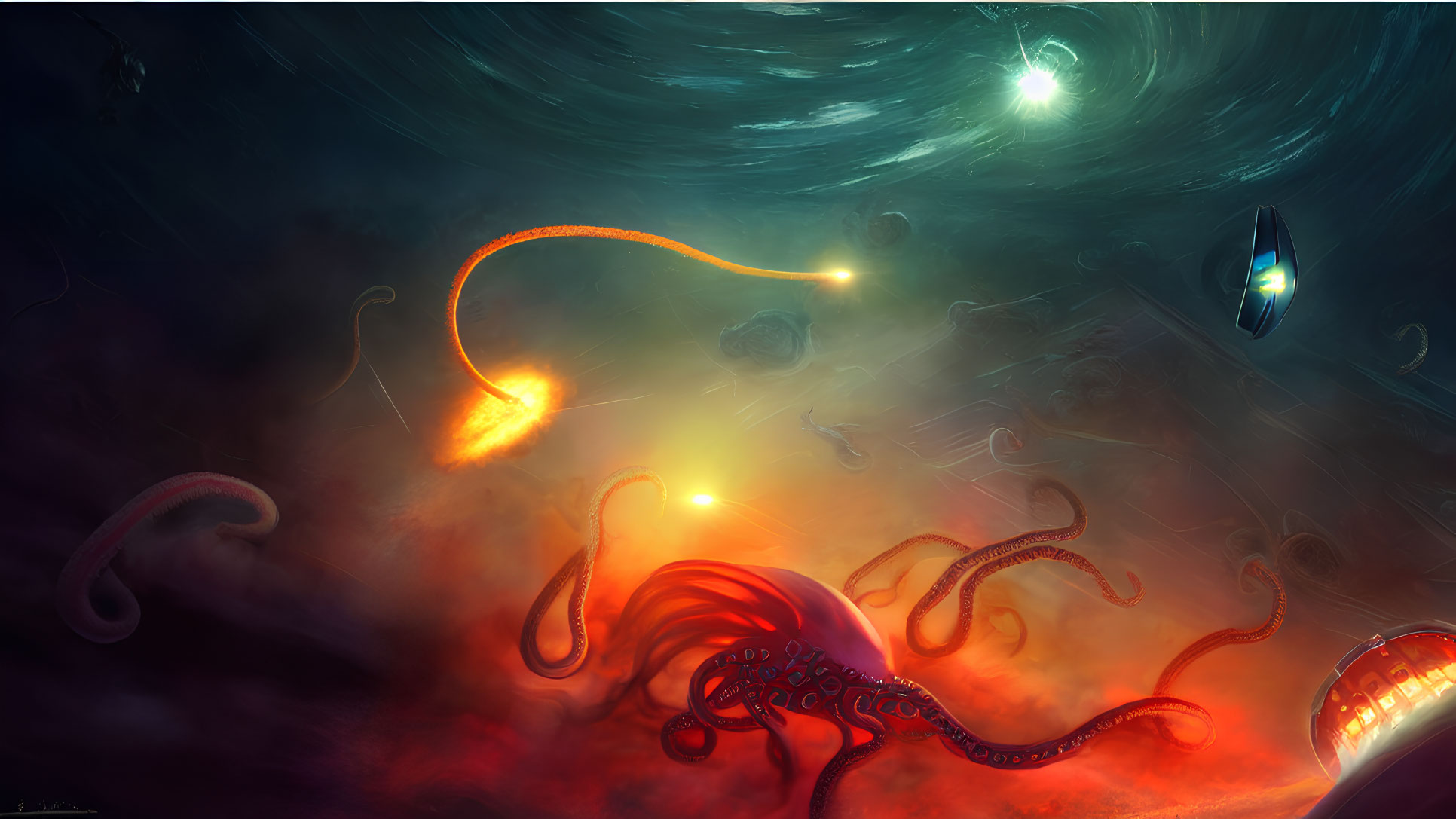 Colorful cosmic scene with red octopus-like creature, celestial bodies, nebulas, and spaceship