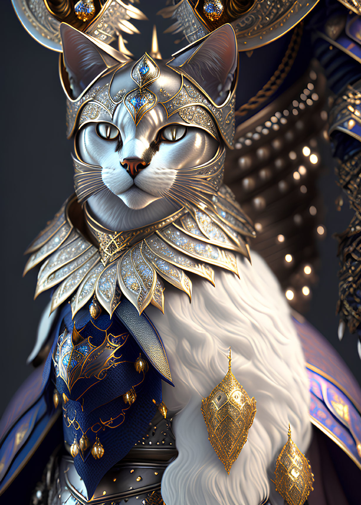 Majestic cat in golden armor and jewelry exudes regal elegance