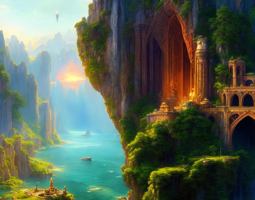 Majestic waterfall and ancient ornate building in mystical landscape