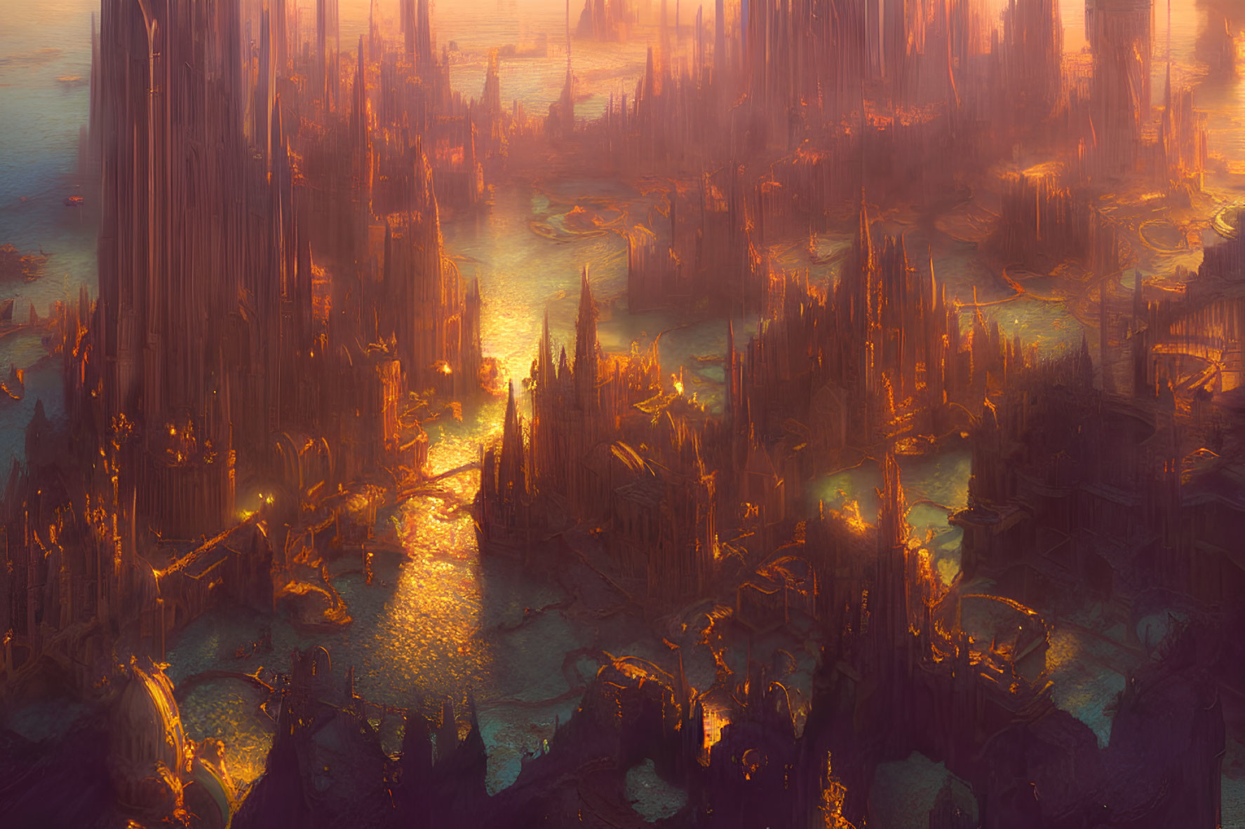 Futuristic cityscape with glowing spires and reflective waterways