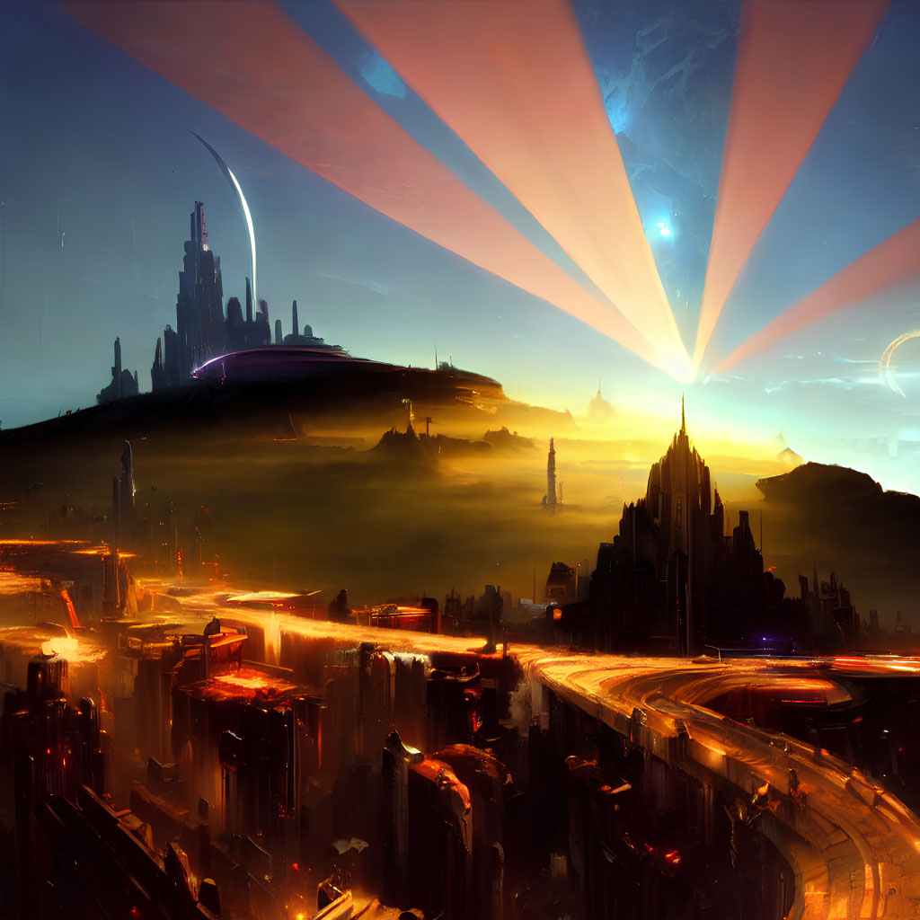 Futuristic cityscape at sunrise with skyscrapers and glowing roads