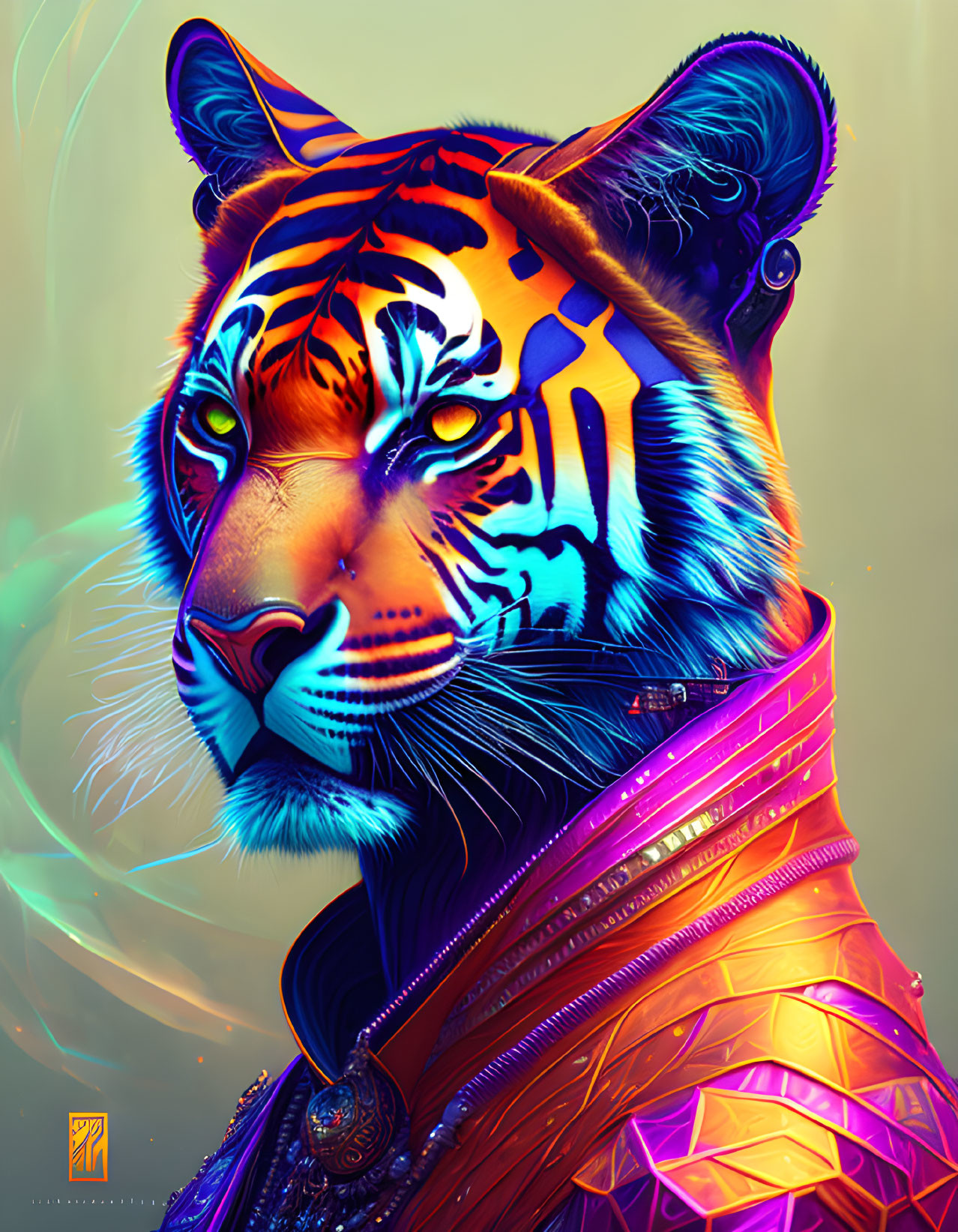 Colorful Tiger Artwork with Neon Patterns on Warm Background