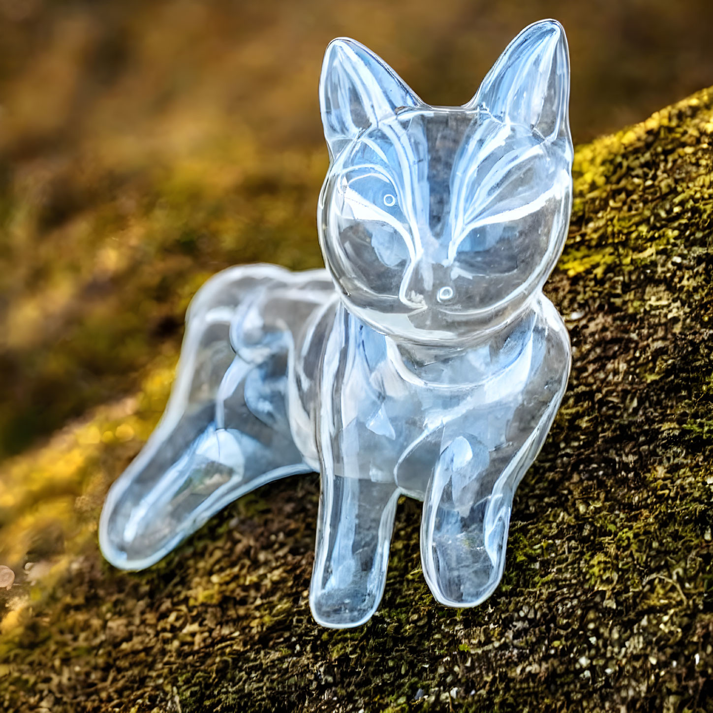 Translucent glass fox figurine on moss under sunlight