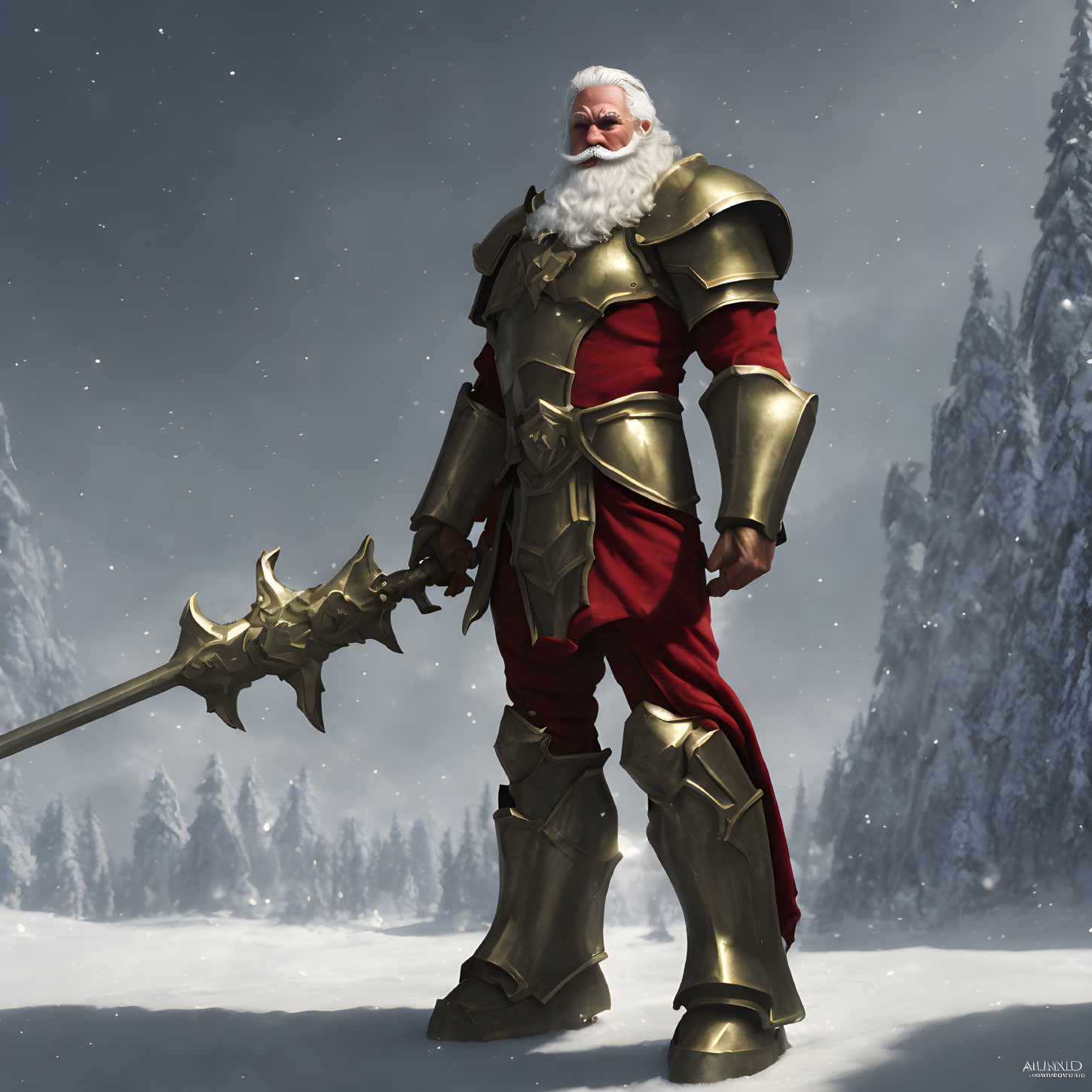 White-bearded warrior in red and gold armor wields spiked mace in snowy landscape