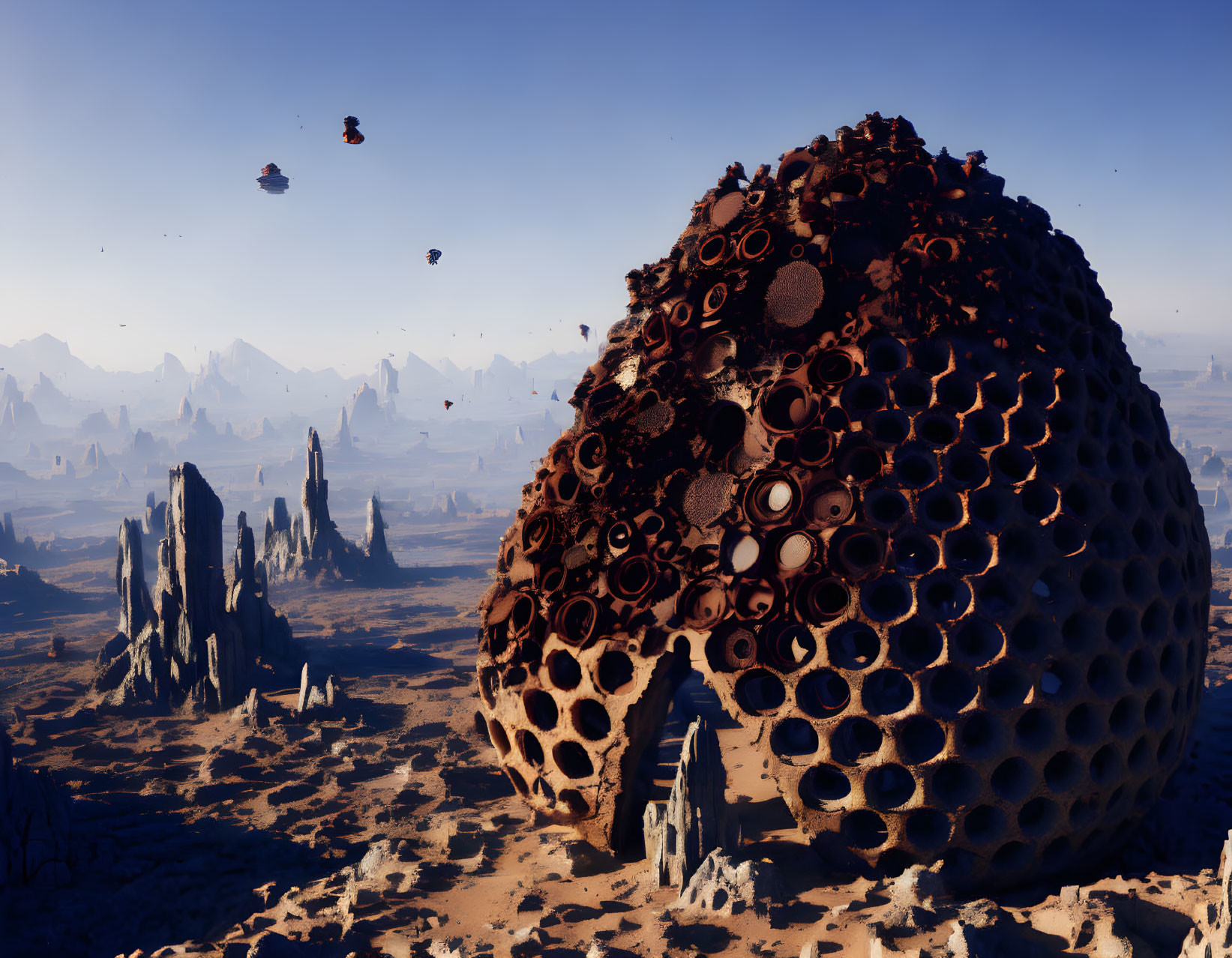 Futuristic desert landscape with dome structure, floating ships, and rock formations