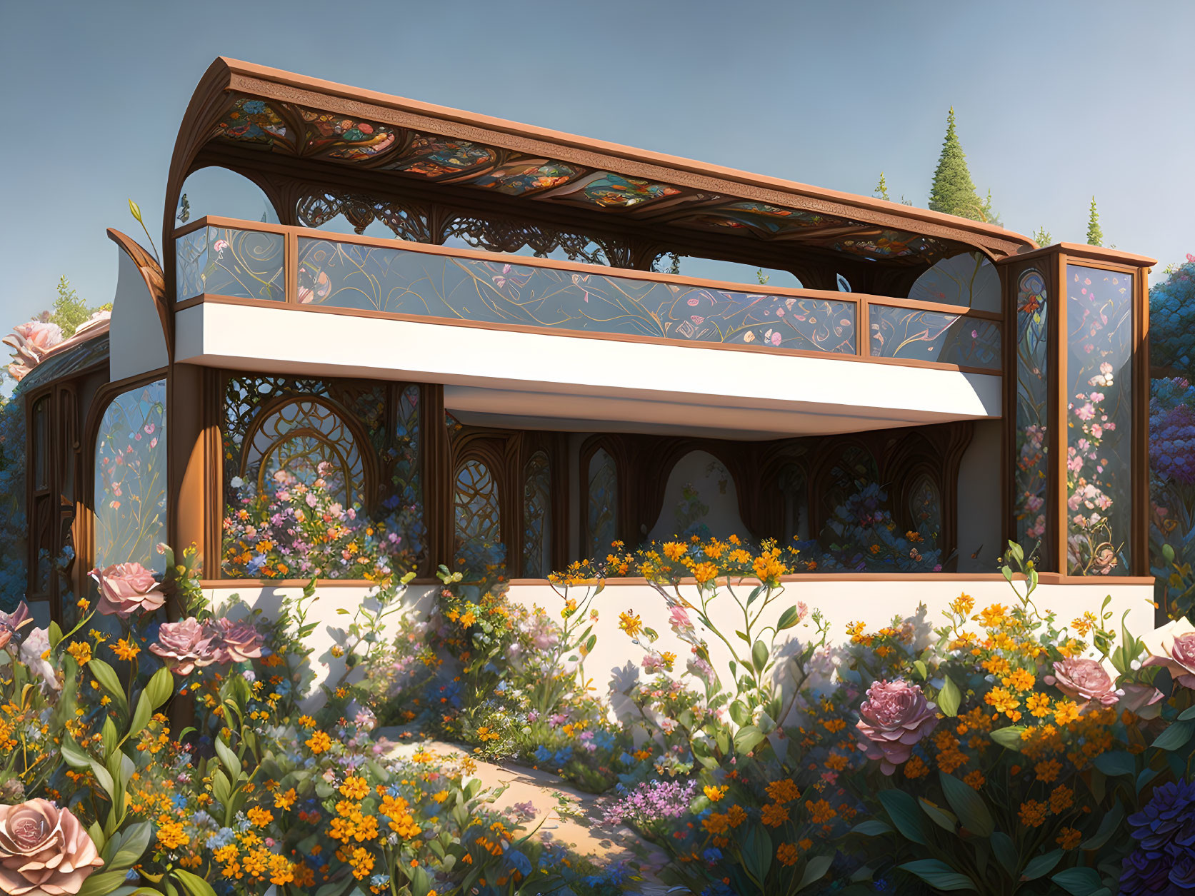 Intricate Wooden Gazebo Surrounded by Colorful Flower Beds