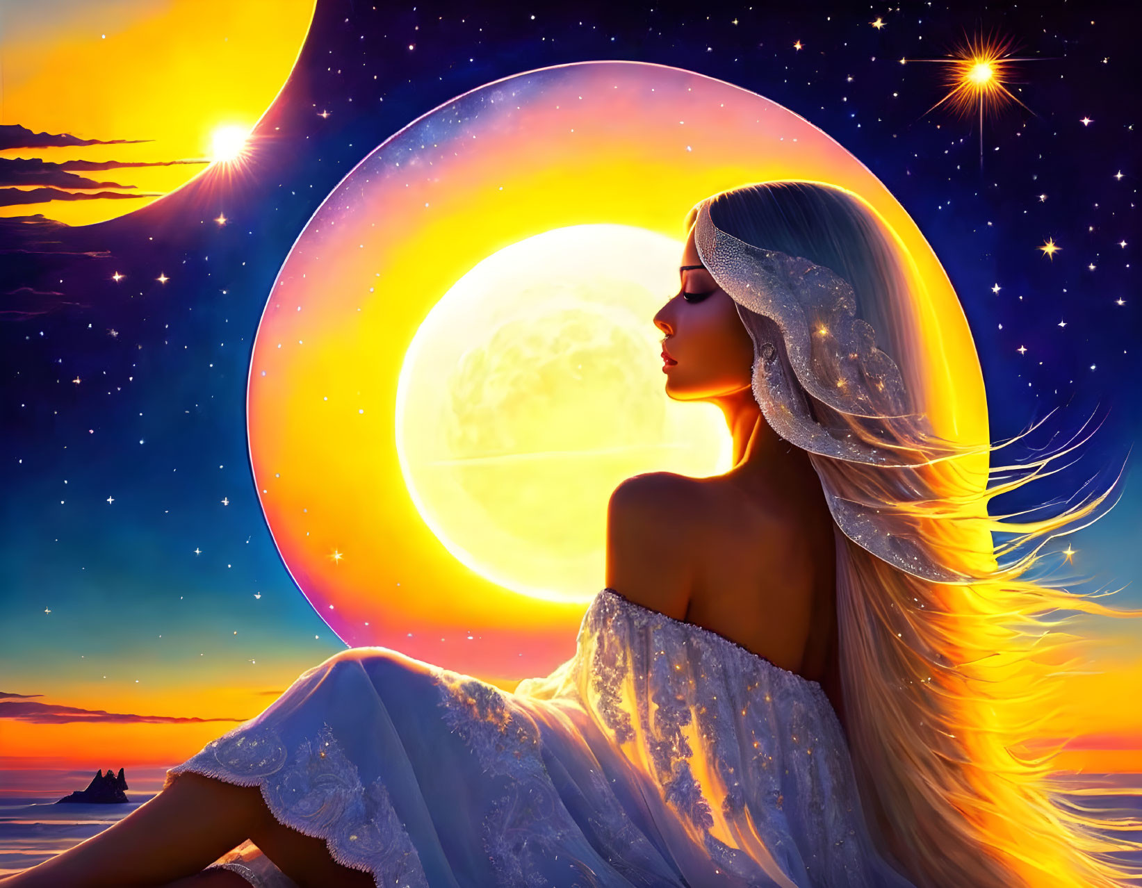 Woman in White Dress Profiled Against Vibrant Sunset with Moon and Stars