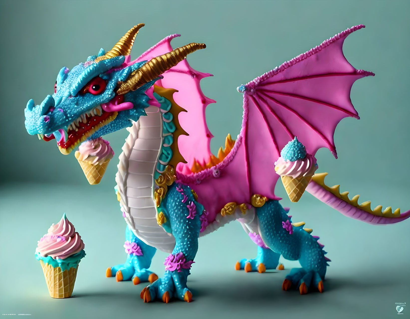 Colorful Dragon with Ice Cream Cone Details and Pink Wings Standing by Ice Cream Cones