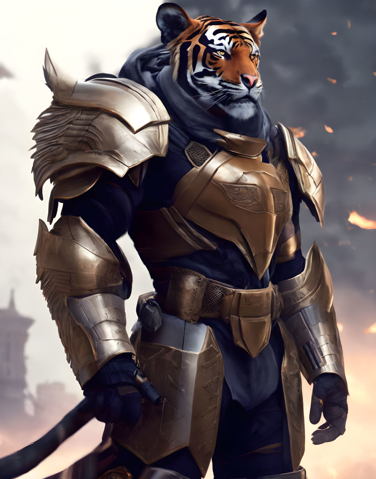 Medieval armor-clad tiger in front of castle under fiery sky