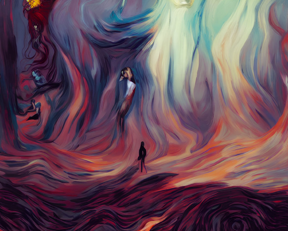 Surreal painting with swirling red and blue hues and human figure facing abstract face