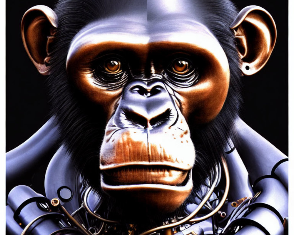 Hyper-realistic chimpanzee with robotic half - intricate mechanical details