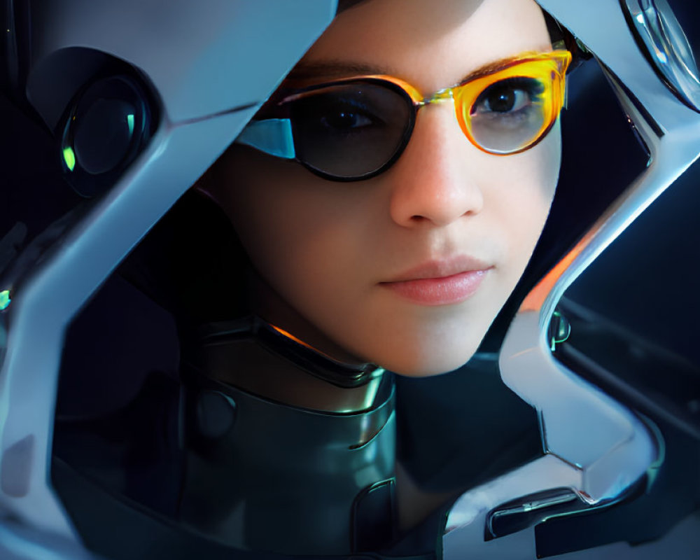 Futuristic helmet with orange-tinted visor glasses on a dark background