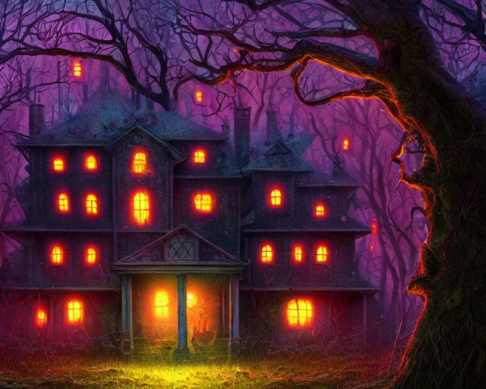 Victorian house with eerie lighting, mysterious figure, and twisted trees at twilight