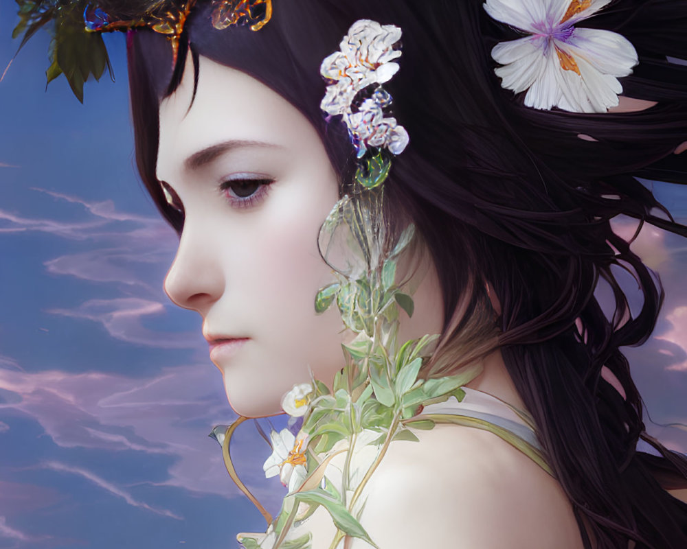Woman with Dark Hair and Butterfly in Digital Artwork
