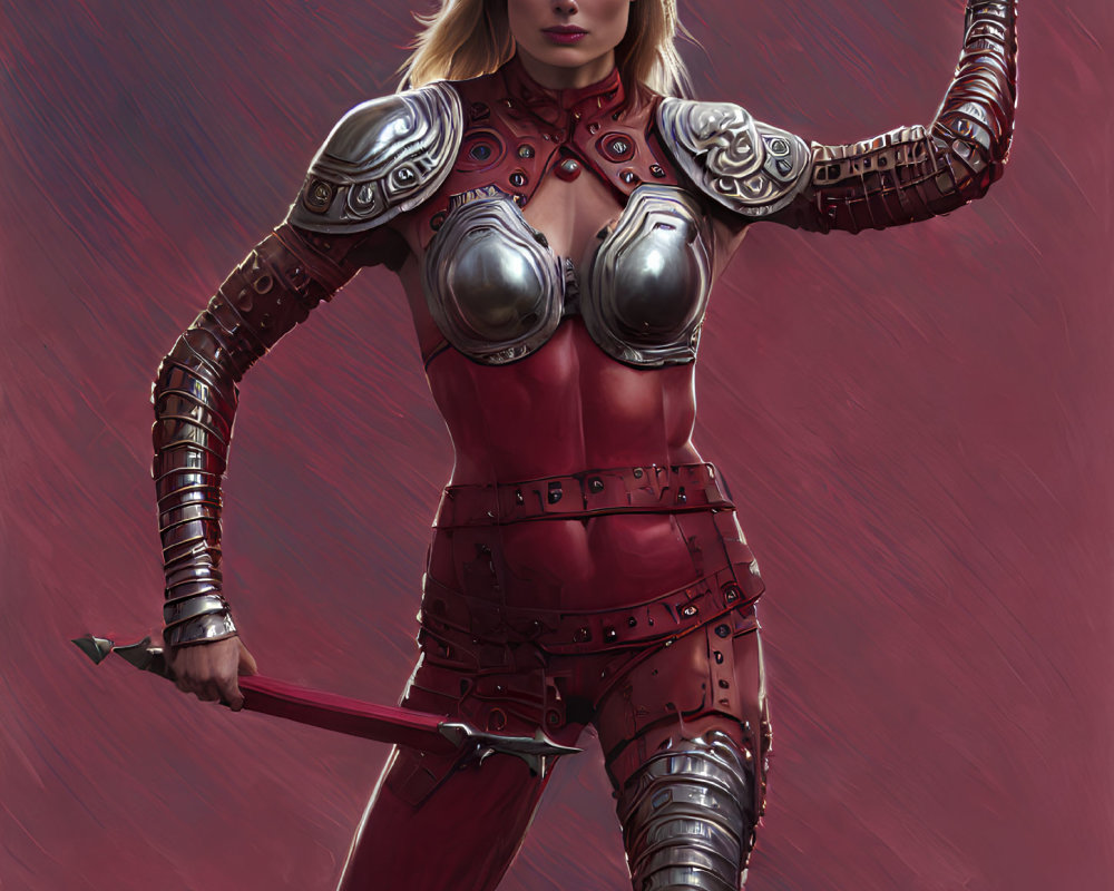 Female warrior in red and silver armor holding a spear on crimson backdrop
