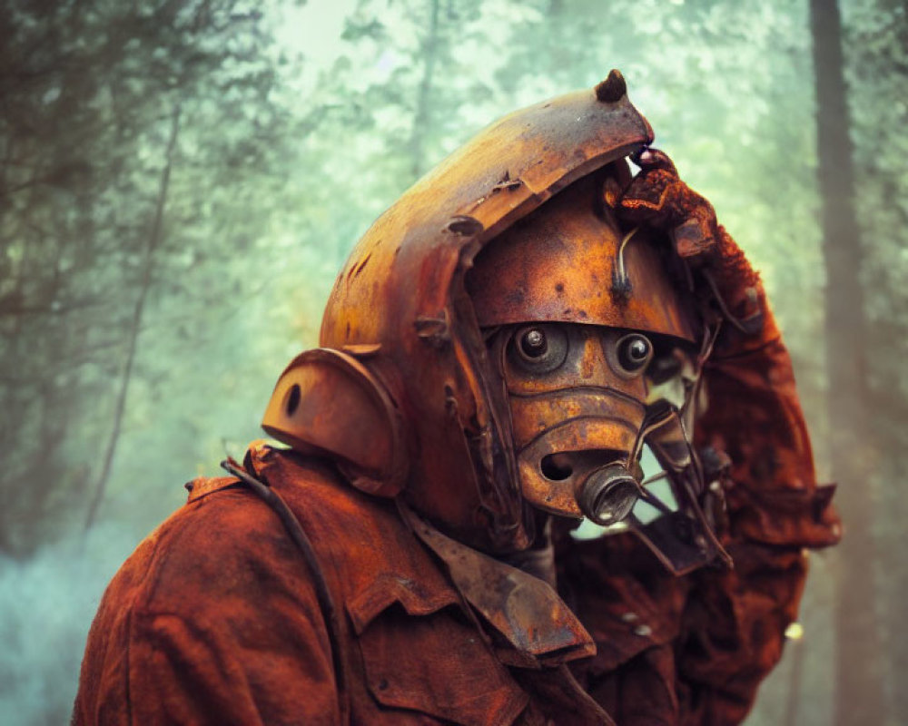 Vintage diving suit figure adjusts helmet in misty forest