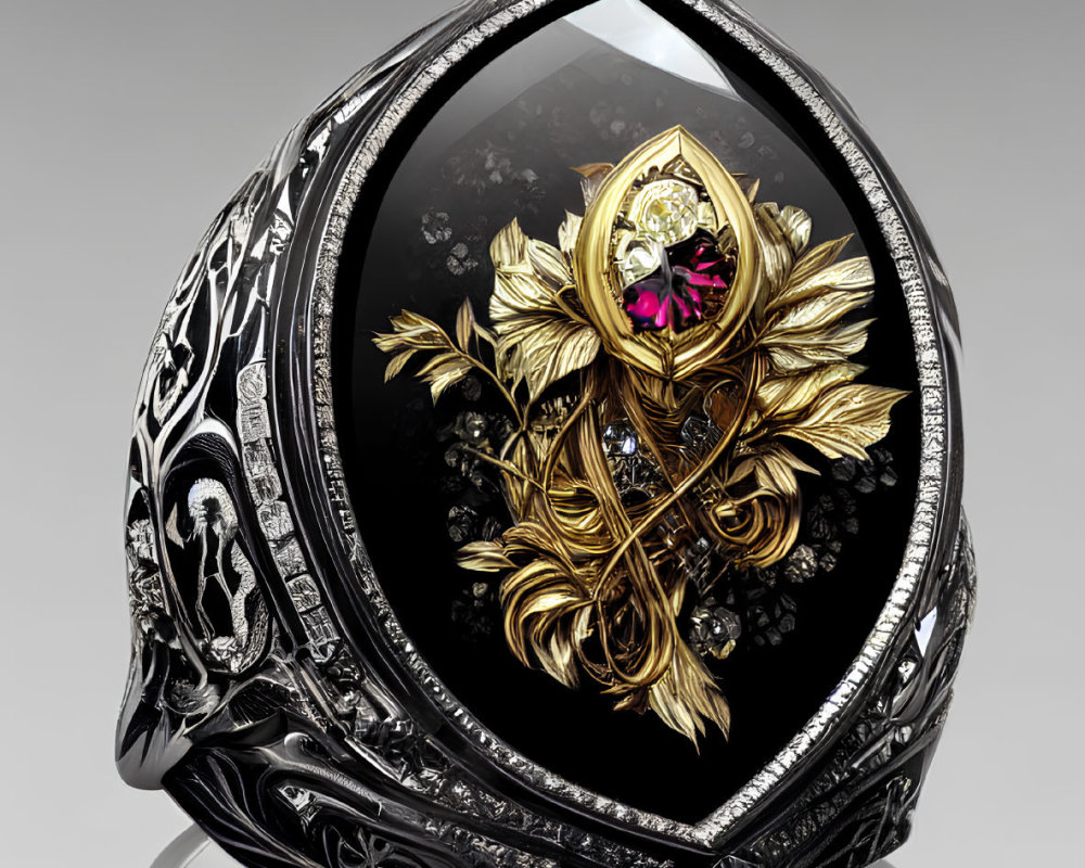 Intricate Black and Gold Ring with Pink Gemstone and Floral Designs