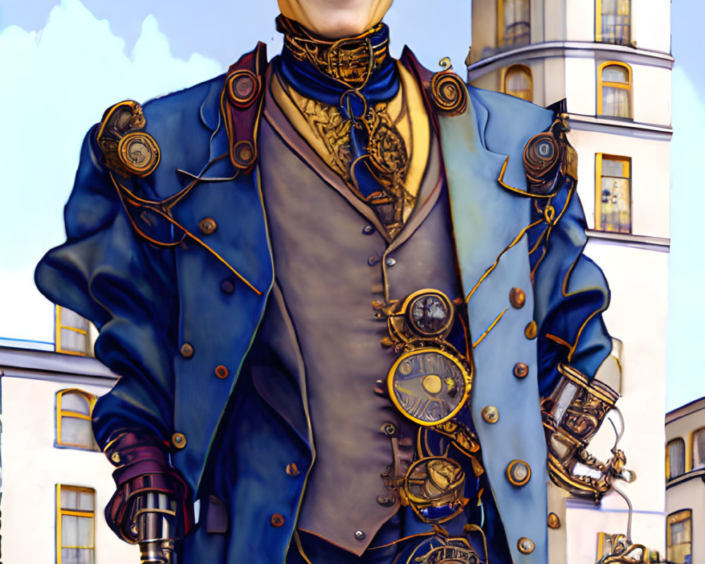 Steampunk-themed illustration of a man in intricate outfit with mechanical details.