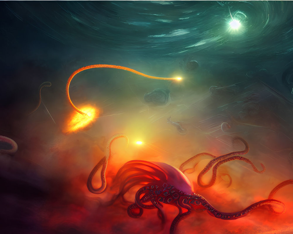 Colorful cosmic scene with red octopus-like creature, celestial bodies, nebulas, and spaceship