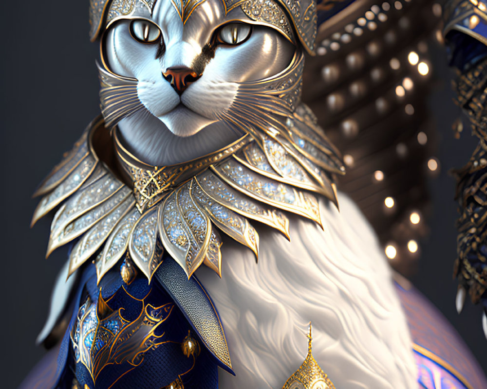 Majestic cat in golden armor and jewelry exudes regal elegance