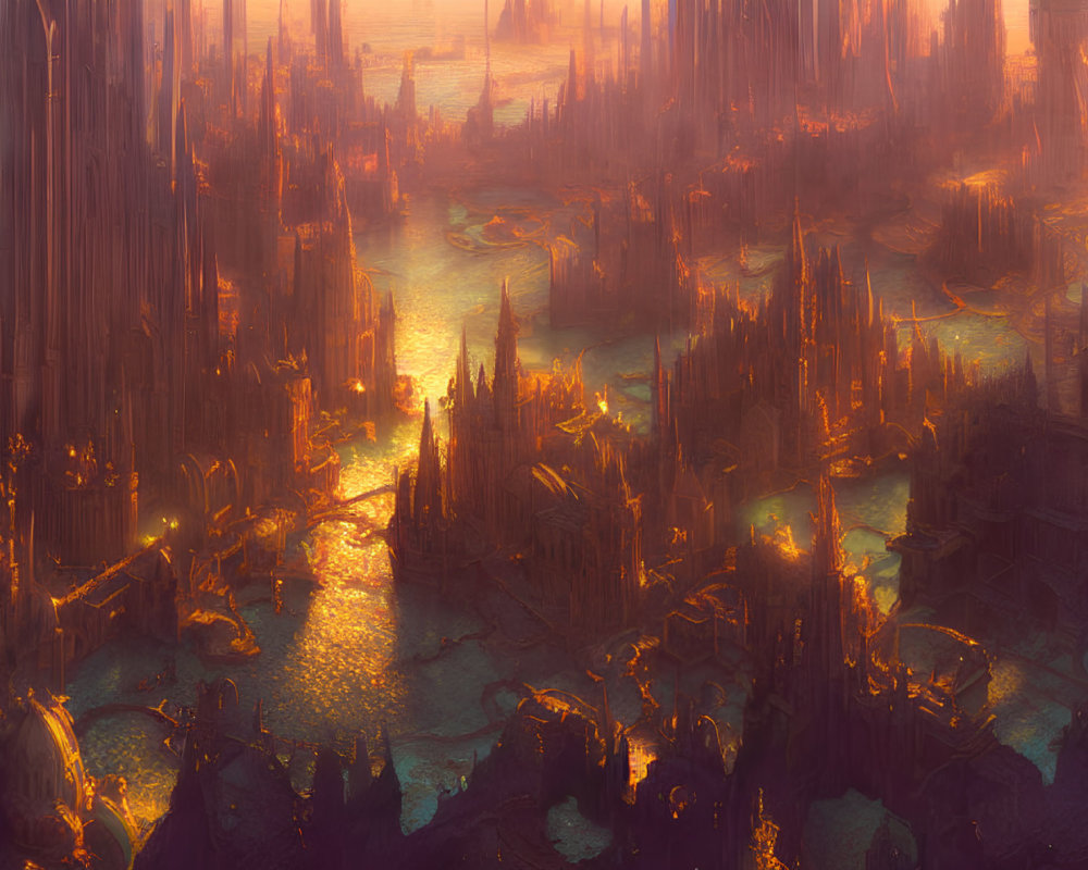 Futuristic cityscape with glowing spires and reflective waterways