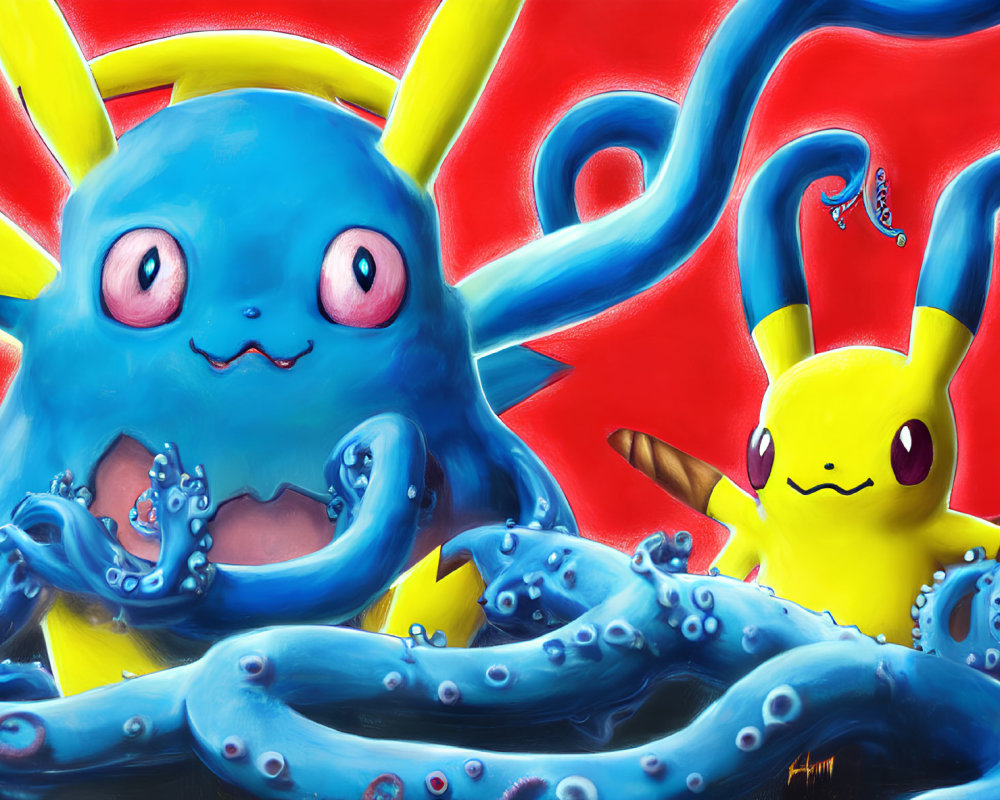 Illustration of Pokémon characters: blue octopus-like creature and yellow Pikachu.