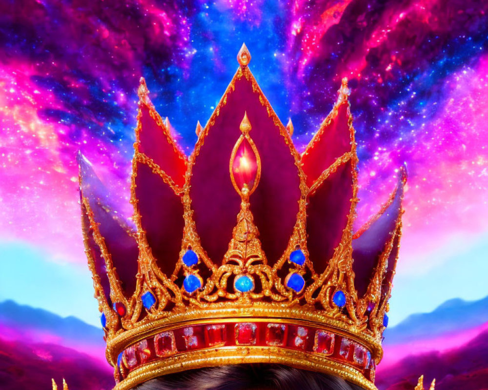 Golden Crown with Red and Blue Gemstones on Person's Head in Cosmic Nebula Background