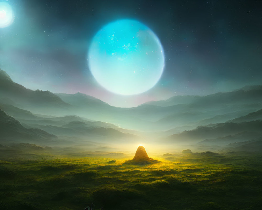 Fantastical landscape with glowing monolith, greenery, mountains, and celestial bodies