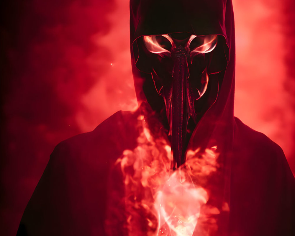 Hooded figure with glowing red eyes holding luminous crystal in red mist