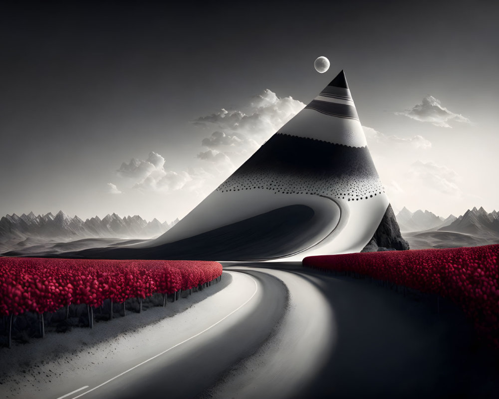 Surreal landscape with winding road, red foliage, pyramid-shaped mountain, and moody sky.
