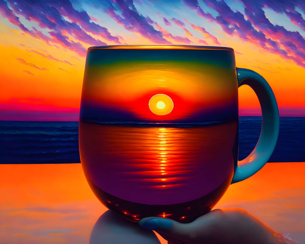 Colorful sunset beach scene painted on reflective coffee mug