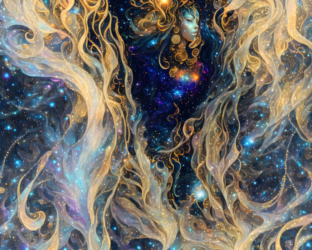 Ethereal artwork of woman's face with cosmic patterns and starry night sky.
