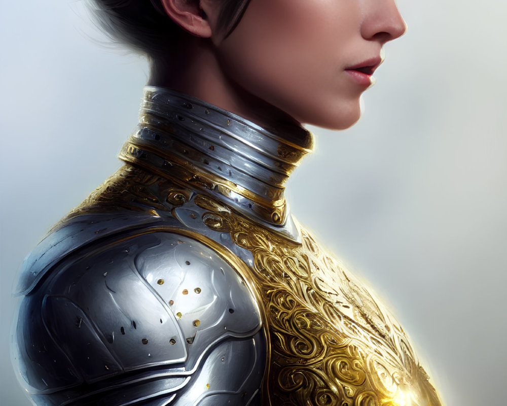 Person in Short Hair Wearing Gold-Detailed Armor